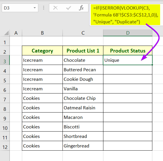 Applied the formula with IF, ISERROR and VLOOKUP for duplicate matches in Excel