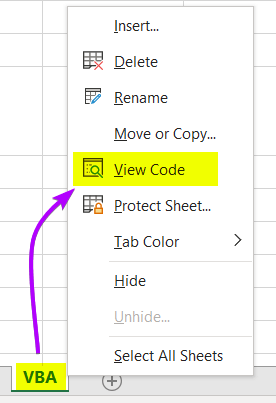 Accessing View Code option to open visual basic editor 