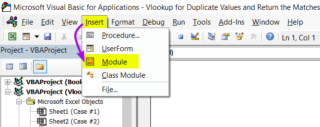 Insert Module in the Visual Basic Editor window