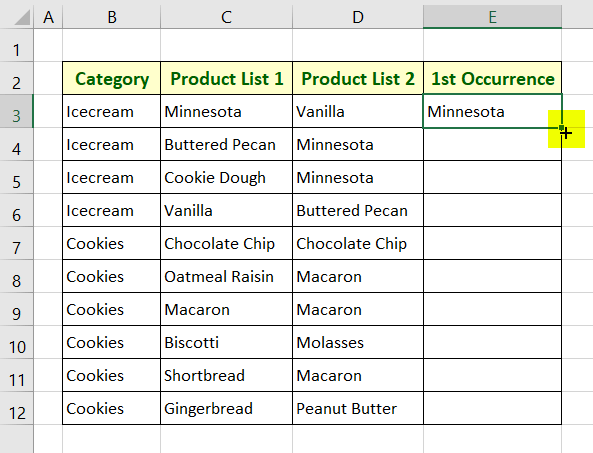 Using Fill Handle to drag the formula to show 1st occurrence 