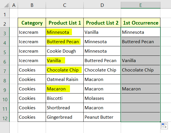 Displaying the 1st occurrence in Excel