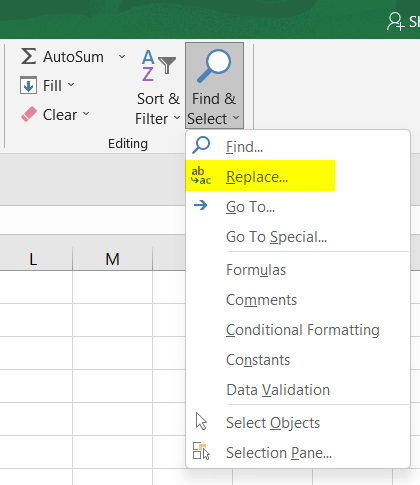 Click on the Replace command to copy a formula in Excel without changing cell references