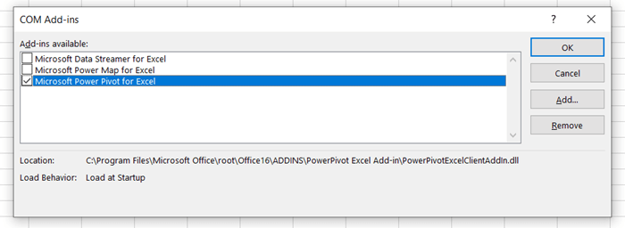 Using COM Add-ins to Enable Power Pivot Add-In in the Main Ribbon in Excel