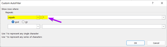 Custom AutoFilter dialog box: Usage of FILTER Command to Find Duplicates in Column and Delete Row in Excel