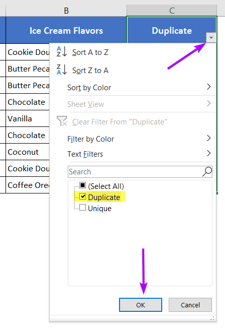 Filtering out the duplicates in Excel