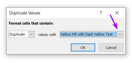 Duplicate values dialog box to highlight cells with duplicate in Excel 