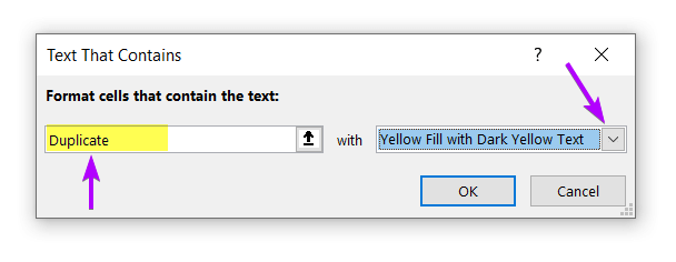Selection of Fill Color to highlight the duplicate text in Excel