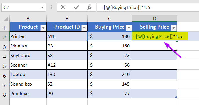 Applying a formula in Excel Table to Copy it in Excel with Changing Cell References
