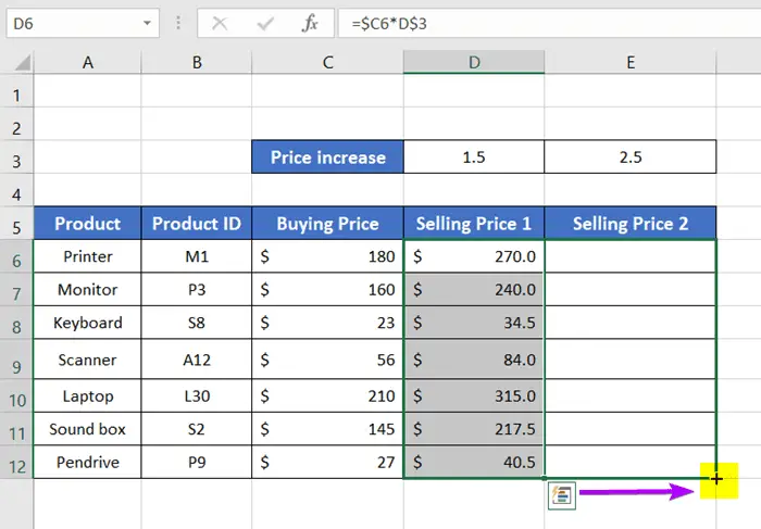 Drag the Fill Handle to the right to Copy a Formula in Excel with Changing Cell References
