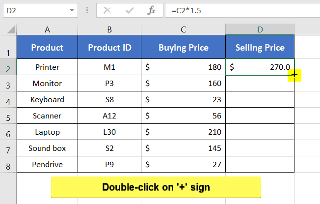 Double-click on Fill Handle icon to Copy a Formula in Excel with Changing Cell References