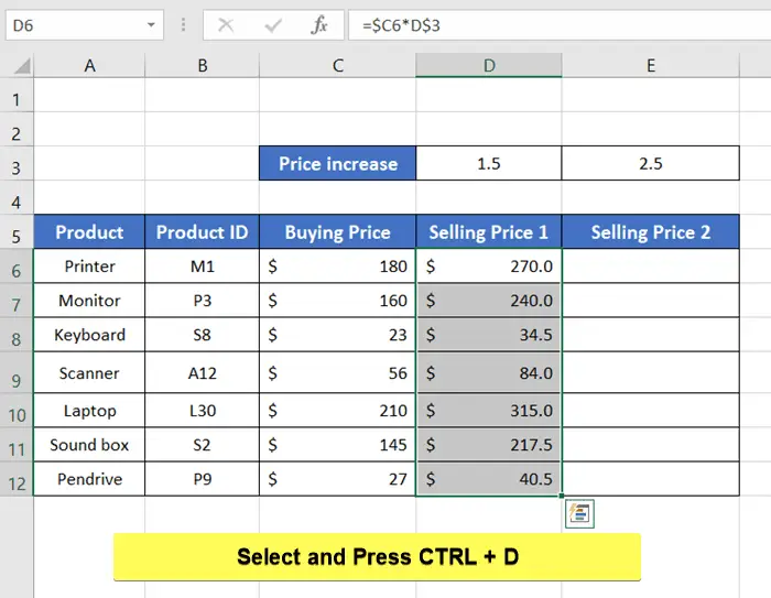 Use CTRL+D Keyboard Shortcut to Copy a Formula in Excel with Changing Cell References