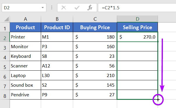 Drag Down the Fill Handle to Copy a Formula in Excel with Changing Cell References