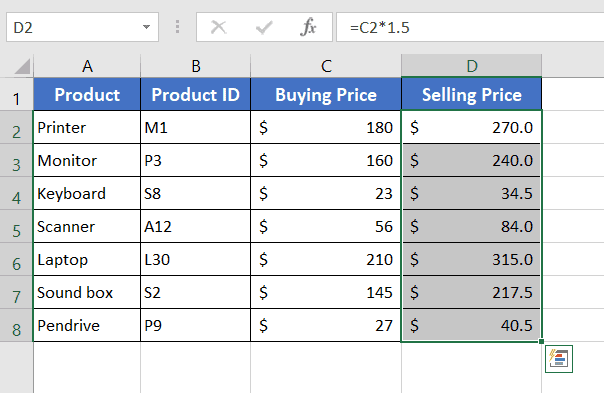 Result of Dragging down Fill Handle to Copy a Formula in Excel with Changing Cell References