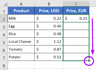 Dragging Down the Fill Handle to Apply Same Formula to Multiple Cells in Excel