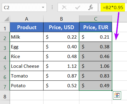 Output of using the Fill handle to Apply Same Formula to Multiple Cells in Excel