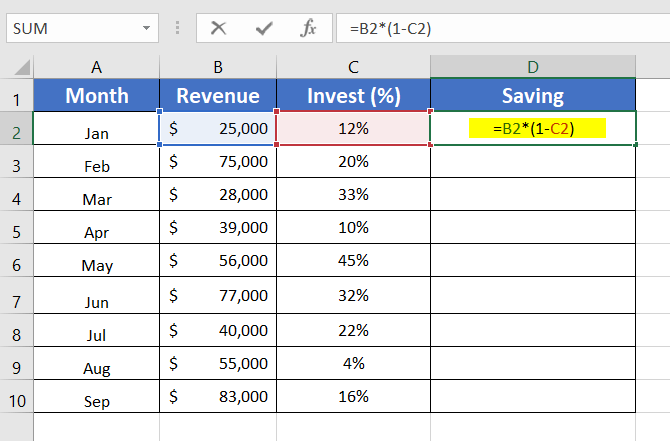 Calculate a Decrease of Percentage Number in Excel