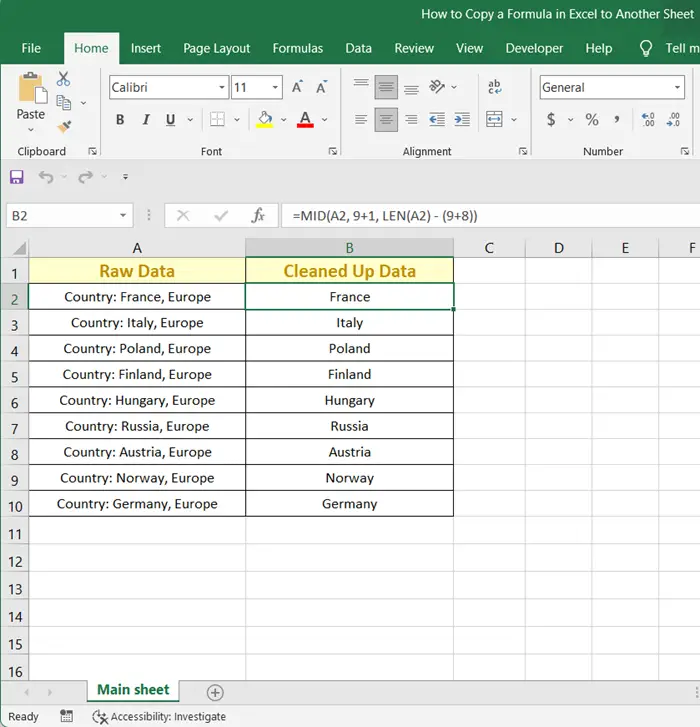 Dataset to Copy a Formula in Excel to Another Sheet