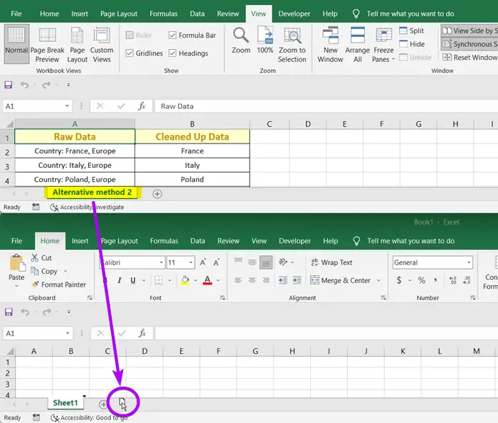 Use View Side by Side command to Copy a Formula to another sheet in Excel