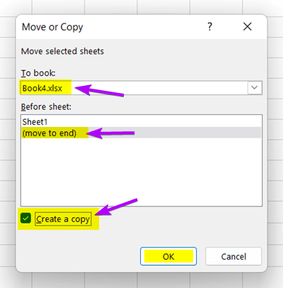 Selection of Create a copy command to Copy a Formula in Excel to Another Sheet in a Different Workbook