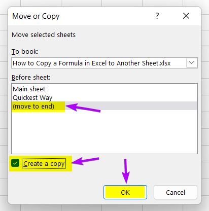 Select Create a Copy to Copy a Formula in Excel to Another Sheet