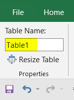 Inserted the table name in the Table Name portion in Excel