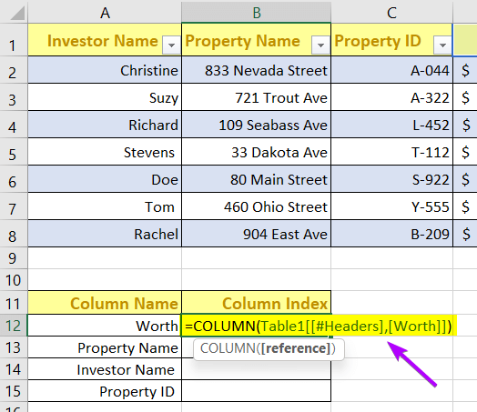 Usage of COLUMN function to Find Column Index Number in Excel