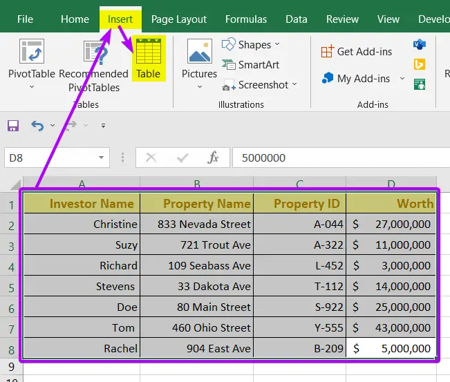 Steps to insert a Table in Excel to find a column index number 