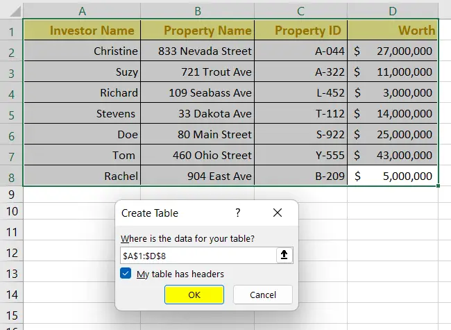 Selection of range to insert a table in Excel 