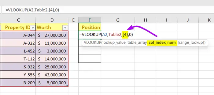VLOOKUP function in action to Find Column Index Number in Excel
