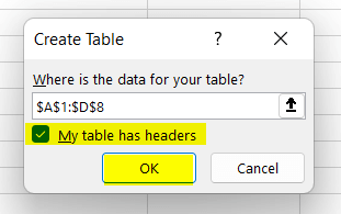 Create Table dialog box in Excel
