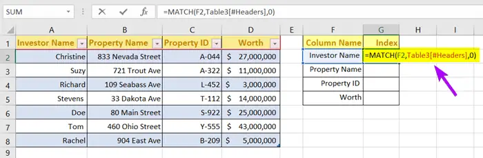 Usage of Match function to Find Column Index Number in Excel