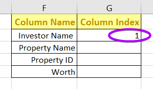 Entered the formula in the column to find the column index number in Excel