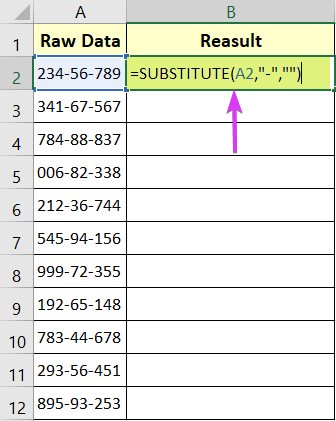 Remove Dashes in Excel using the SUBSTITUTE Function