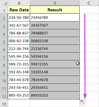 Result of Using the SUBSTITUTE function to Remove Dashes in Excel
