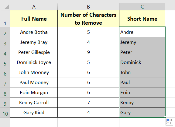 Output of Remove Specified Number of Characters from the Right in Excel