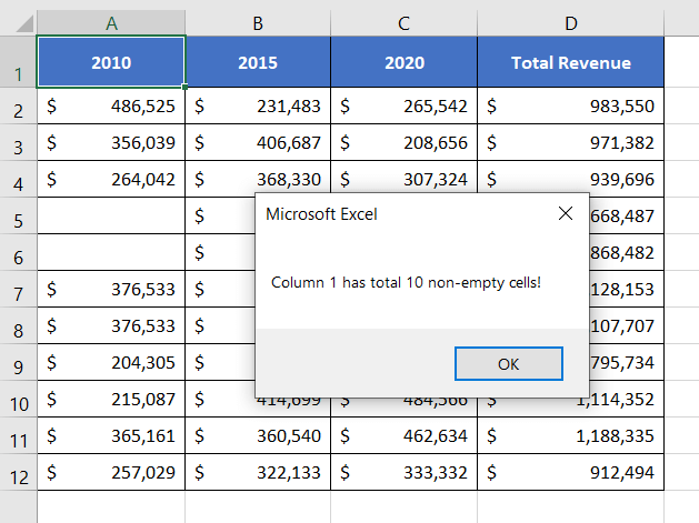 Count All Non-Blank Cells in a Selected Column