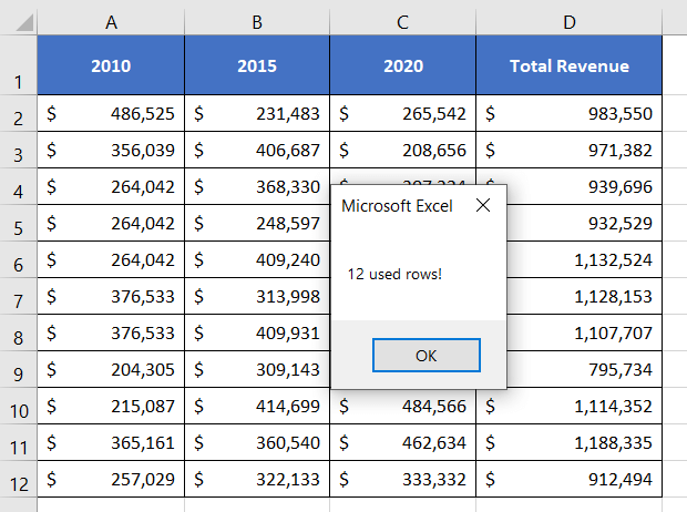 Count All Used Rows in an Active Excel Sheet