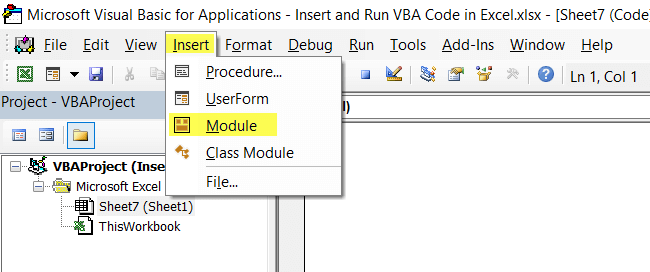 Create a new Module from the Insert tab.