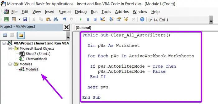 Insert a VBA code in Excel