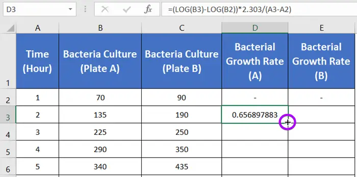 Double click the Fill Handle to copy Bacterial Growth Rate formula