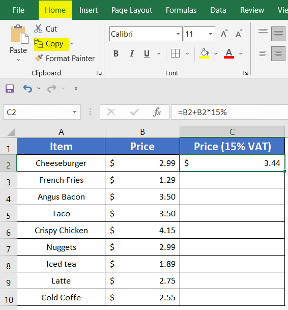 Use the CTRL+C Keyboard Shortcuts to Copy Formula Down in Excel without Dragging