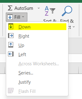 Use the Fill drop-down & Down command to Copy Formula Down in Excel without Dragging