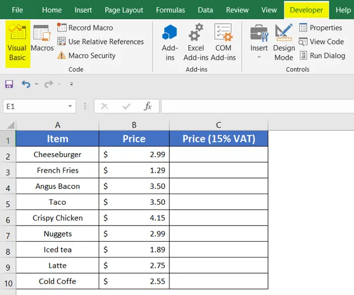 Use the Visual Basic option to Copy Formula Down in Excel without Dragging