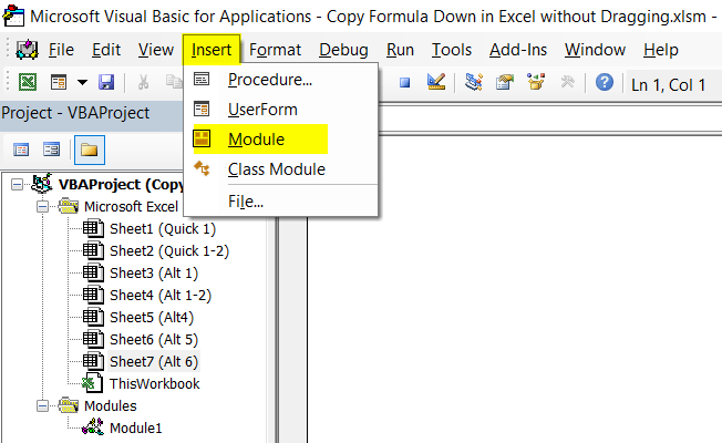 Use the Module command in Visual Basic to Copy Formula Down in Excel without Dragging