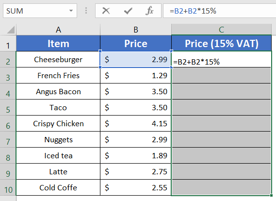 Use the CTRL+ENTER to Copy Formula Down in Excel without Dragging