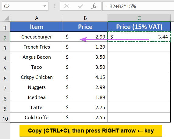 Press CTRL+C & right arrow to Copy Formula Down in Excel without Dragging