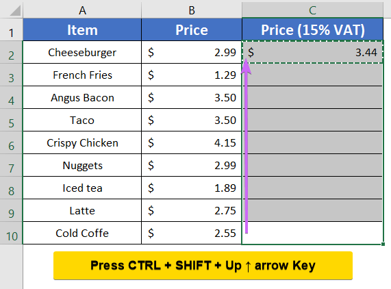 Press CTRL + SHIFT + Up Arrow to Copy Formula Down in Excel without Dragging