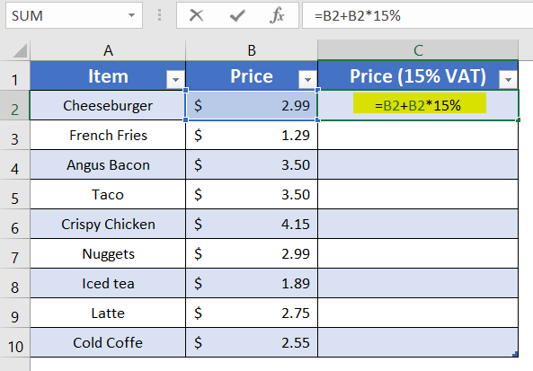 Use Excel Table to Copy Formula Down in Excel without Dragging