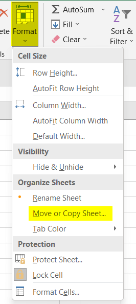 Accessing the Format tool to choose Move or Copy Sheet in Excel