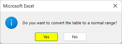 Excel message to convert table into a normal range 